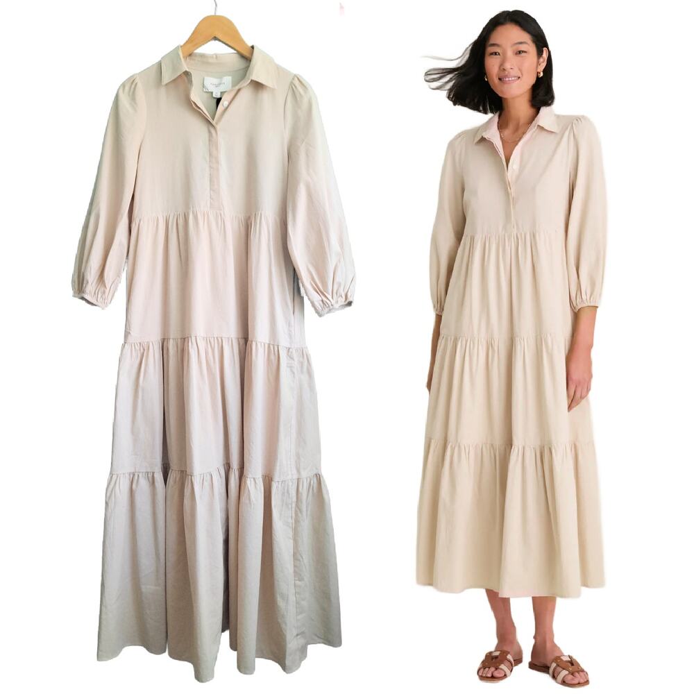 New Tuckernuck Pomander Place Cotton Mabel Maxi Dress XS Tan Shirtdress Tiered